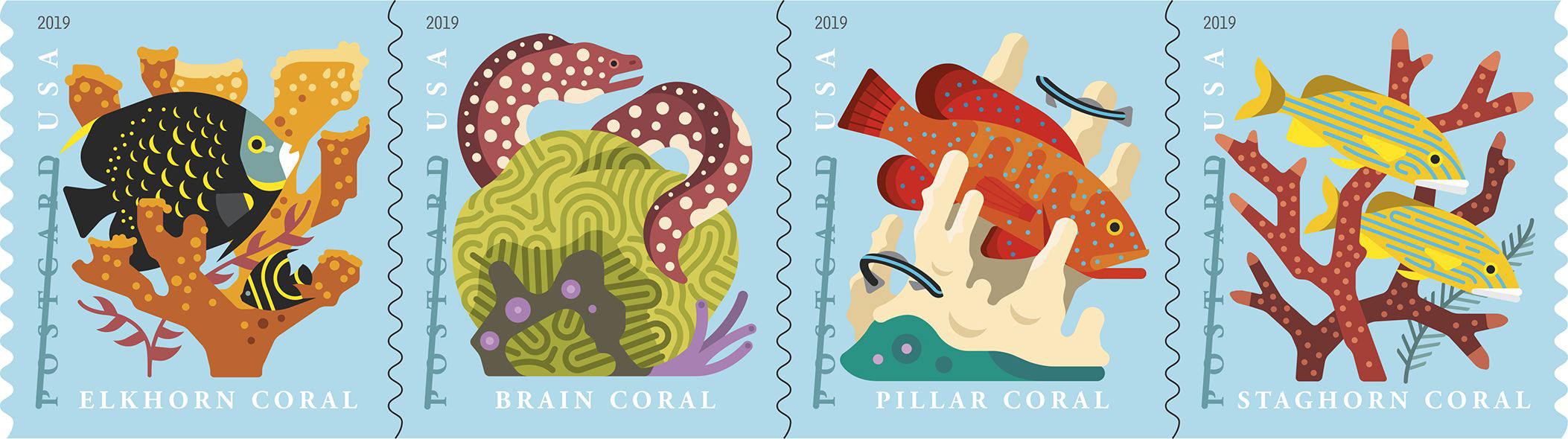 Image of the 2019 Coral Reef postcard stamps.
