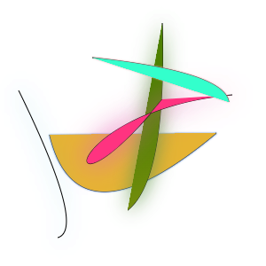 A cyan-green arc appears in the top right corner.
