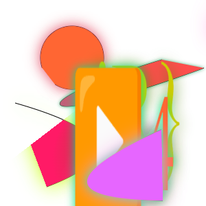 Many different shapes in shapes of red, orange, and purple are arranged haphazardly, stretched and overlapping. Circles, arcs, the ▶️ emoji, the characters "}" and "4" are visible.