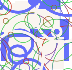 An image is filled with dozens of haphazardly placed shapes of different kinds, sizes, and colors. Circles, rectangles, and five-pointed stars are colored in pleasant shades of red, green, and blue, and some have gradients.